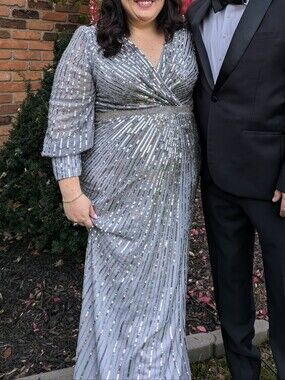 new MAC DUGGAL Pageant Dress, 18, Patterned Sequins, Long sleeves, Maxi, Silver